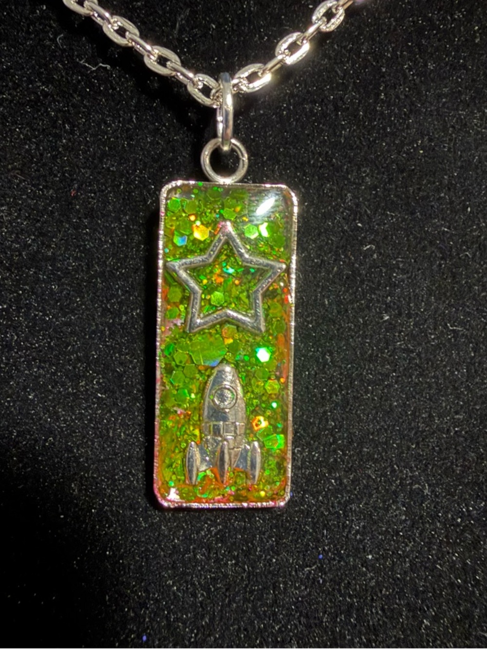 Green Glitter Rocket & Star Rectangle Pendant Necklace